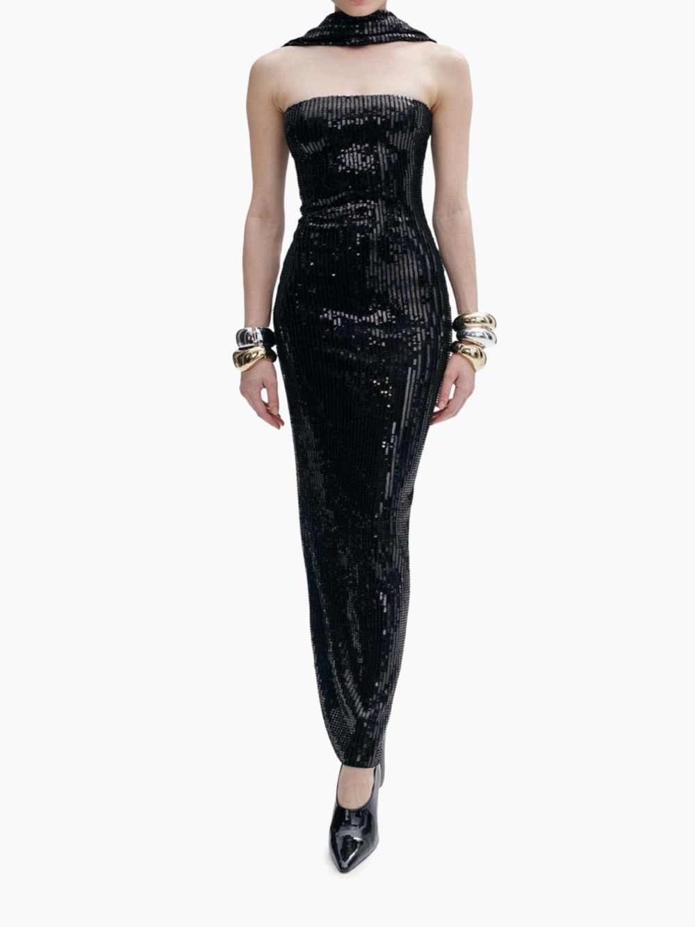 Strapless Black Sequin Column Gown